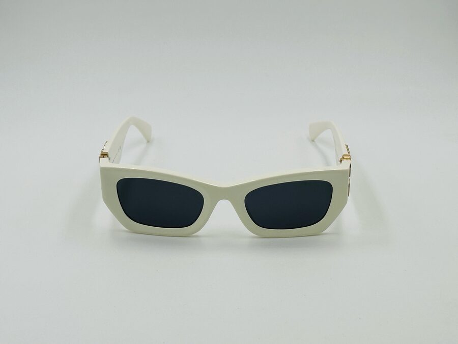 Miu Miu white rectangular sunglasses with gold logo temple