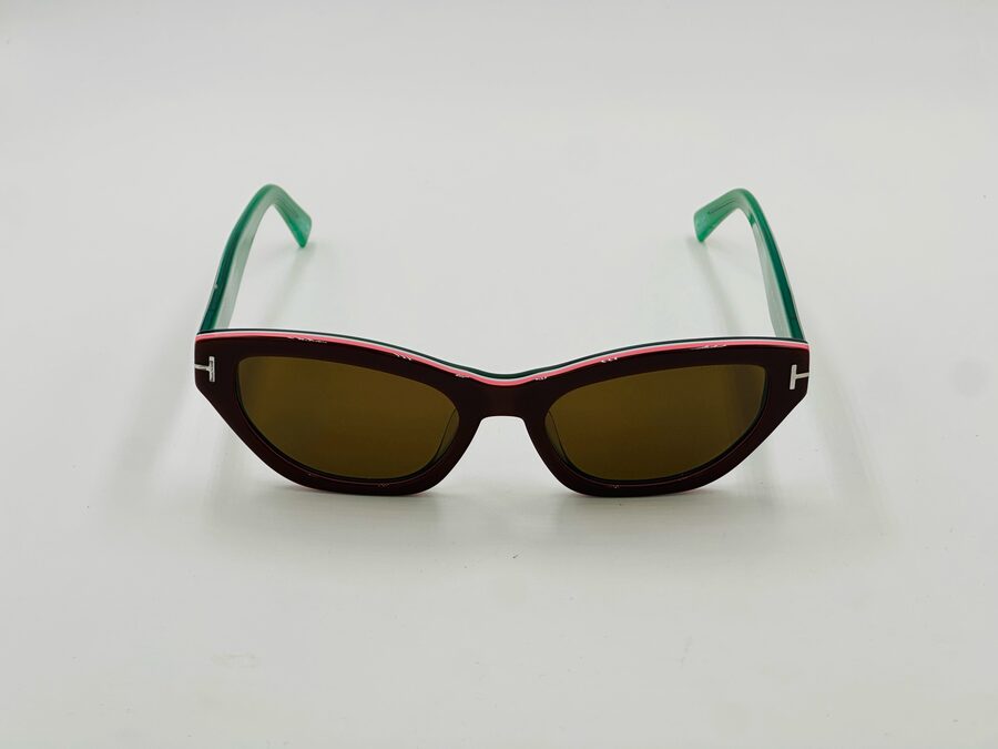Tom Ford burgundy cat-eye sunglasses with green temple