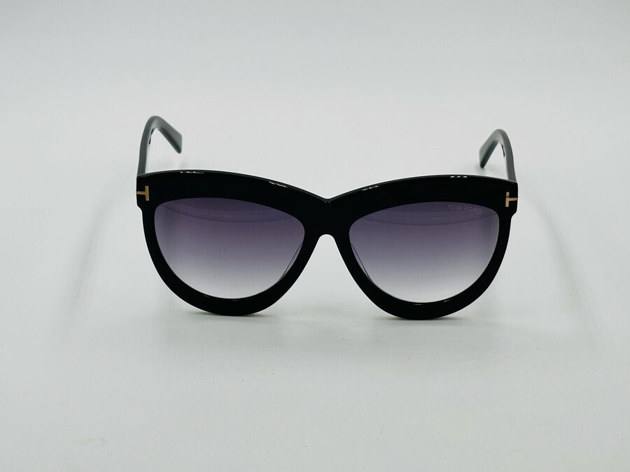 Tom Ford black cat-eye sunglasses with purple gradient lens